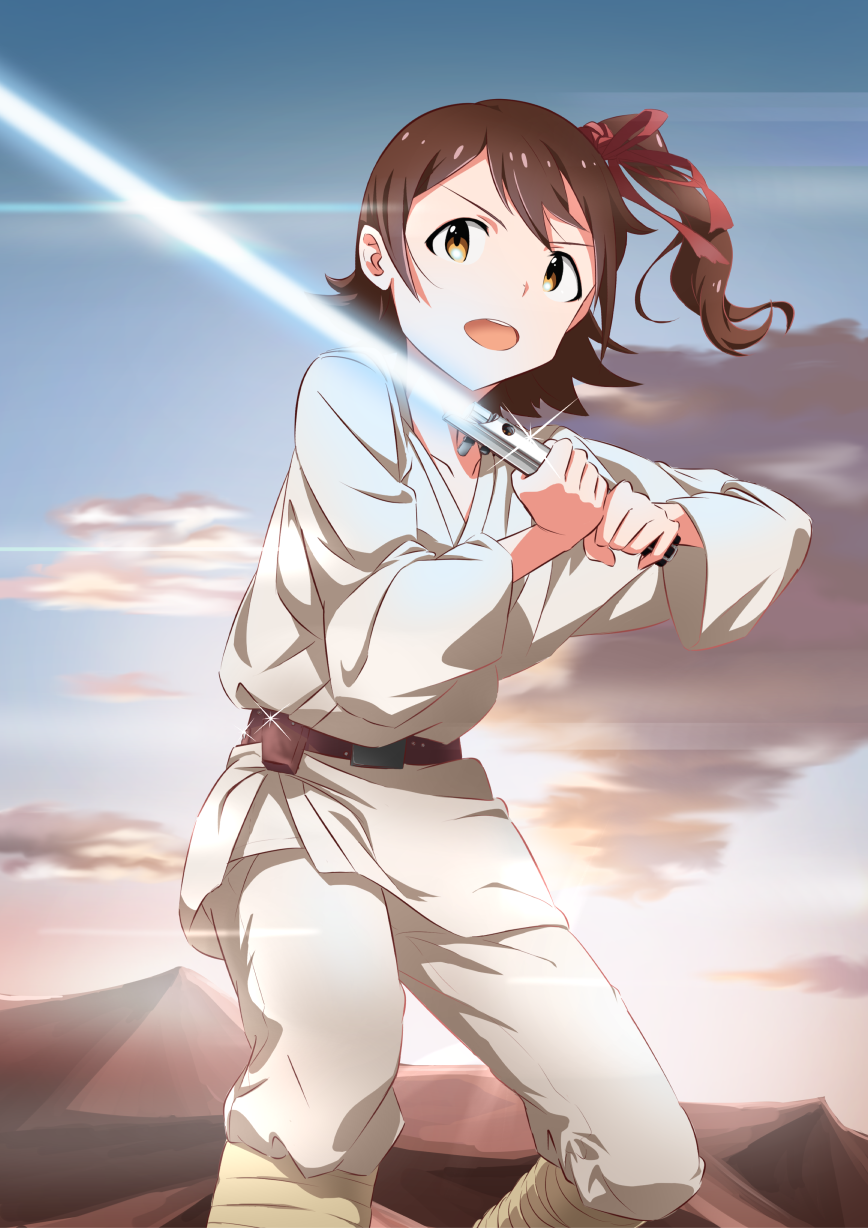1girl, belt, brown_hair, cloud, cosplay, desert, energy_sword, highres, idolmaster, idolmaster_million_live!, jedi, kasuga_mirai, lightsaber, looking_to_the_side, luke_skywalker, luke_skywalker_(cosplay), one_side_up, open_mouth, shuuto_(shu-toritu), side_ponytail, sky, stance, star_wars, sword, weapon