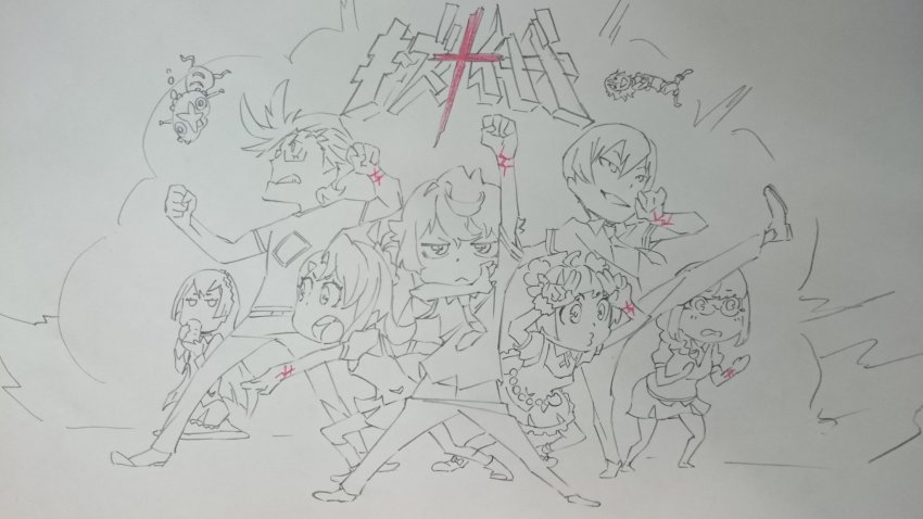 10s, 4boys, 4girls, agata_katsuhira, arm_up, bad_id, bad_twitter_id, braid