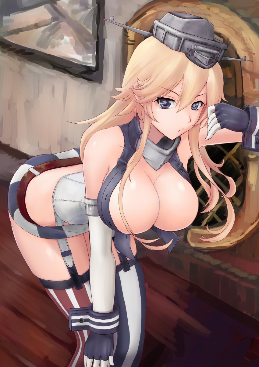 10s, 1girl, absurdres, black_eyes, blonde_hair, breasts, cleavage, elbow_gloves, female_focus, fingerless_gloves, garter_straps, gloves, haneori, highres, iowa_(kancolle), kantai_collection, large_breasts, leaning_forward, long_hair, solo, star-shaped_pupils, star_(symbol), striped_clothes, striped_thighhighs, symbol-shaped_pupils, thighhighs, vertical-striped_clothes, vertical-striped_thighhighs