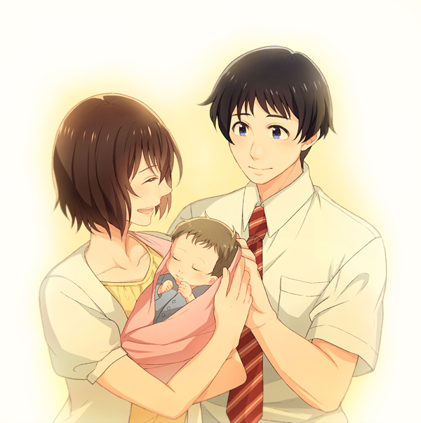 10s, 1girl, 2boys, baby, baby_carry, bad_id, bad_pixiv_id, black_hair