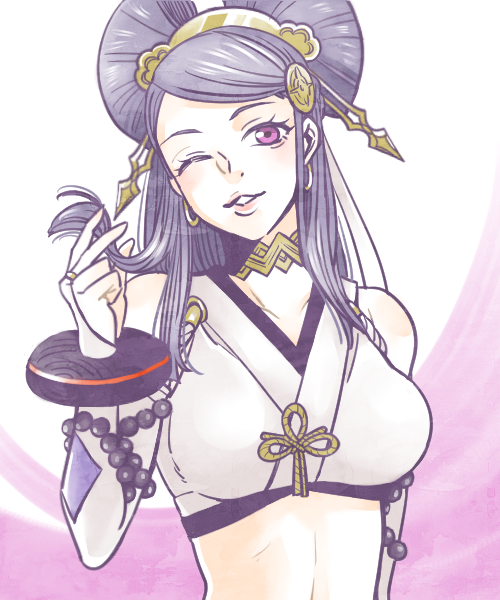 1girl, bad_id, bad_pixiv_id, bracelet, crop_top, earrings, female_focus, fire_emblem, fire_emblem_fates, hair_ornament, hair_stick, hairpods, jewelry, long_hair, midriff, nintendo, one_eye_closed, orochi_(fire_emblem), parted_lips, purple_eyes, purple_hair, shirokuro0501, shirokuro_(0501nk), solo, teeth