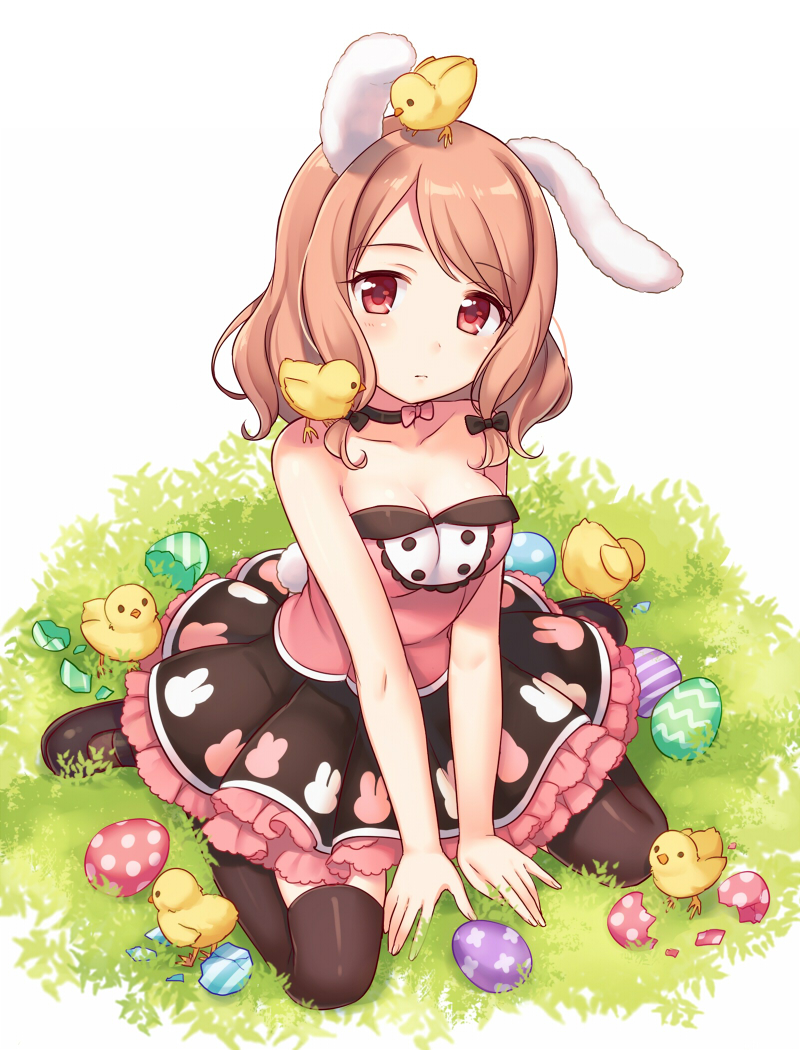 ..., 1girl, animal_ears, animal_print, baby_animal, bad_id, bad_pixiv_id, bare_arms, bare_shoulders, bird, black_thighhighs, breasts, brown_hair, chick, cleavage, collarbone, easter, easter_egg, egg, female_focus, hatching, large_breasts, looking_at_viewer, maki_(natoriumu), md5_mismatch, original, rabbit_ears, rabbit_print, rabbit_tail, red_eyes, shirt, sitting, skirt, sleeveless, solo, tail, thighhighs, thighs, too_many, too_many_birds, too_many_chicks, v_arms, wariza, zettai_ryouiki