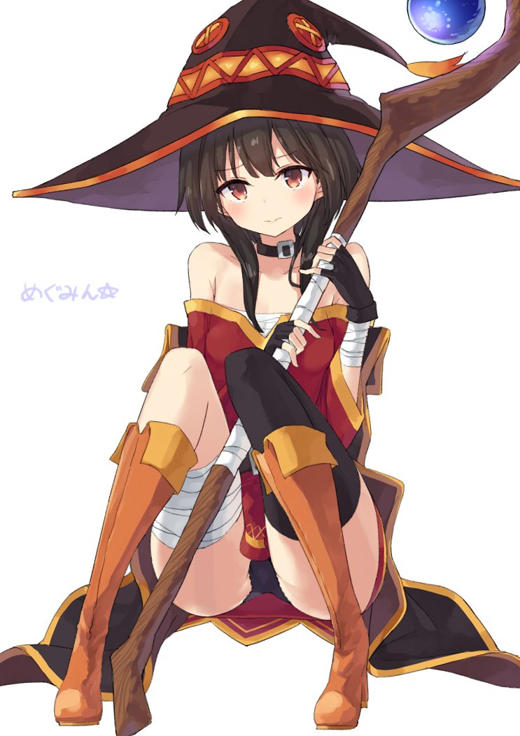 10s, 1girl, a_(nanananaaannaa), bad_id, bad_twitter_id, bandages, black_hair, black_panties, blush, boots, brown_eyes, female_focus, fingerless_gloves, gloves, hat, knee_boots, kono_subarashii_sekai_ni_shukufuku_wo!, long_legs, megumin, orange_boots, panties, short_hair_with_long_locks, single_thighhigh, solo, staff, thighhighs, underwear, witch_hat