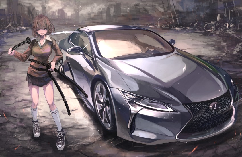 1girl, brown_eyes, brown_hair, car, cardigan, female_focus, highres, katana, koh_(minagi_kou), left-hand_drive, lexus, lexus_lc500, long_sleeves, md5_mismatch, miniskirt, motor_vehicle, multiple_swords, original, pleated_skirt, resolution_mismatch, ruins, school_uniform, shirt, skirt, solo, source_smaller, sword, vehicle_focus, weapon