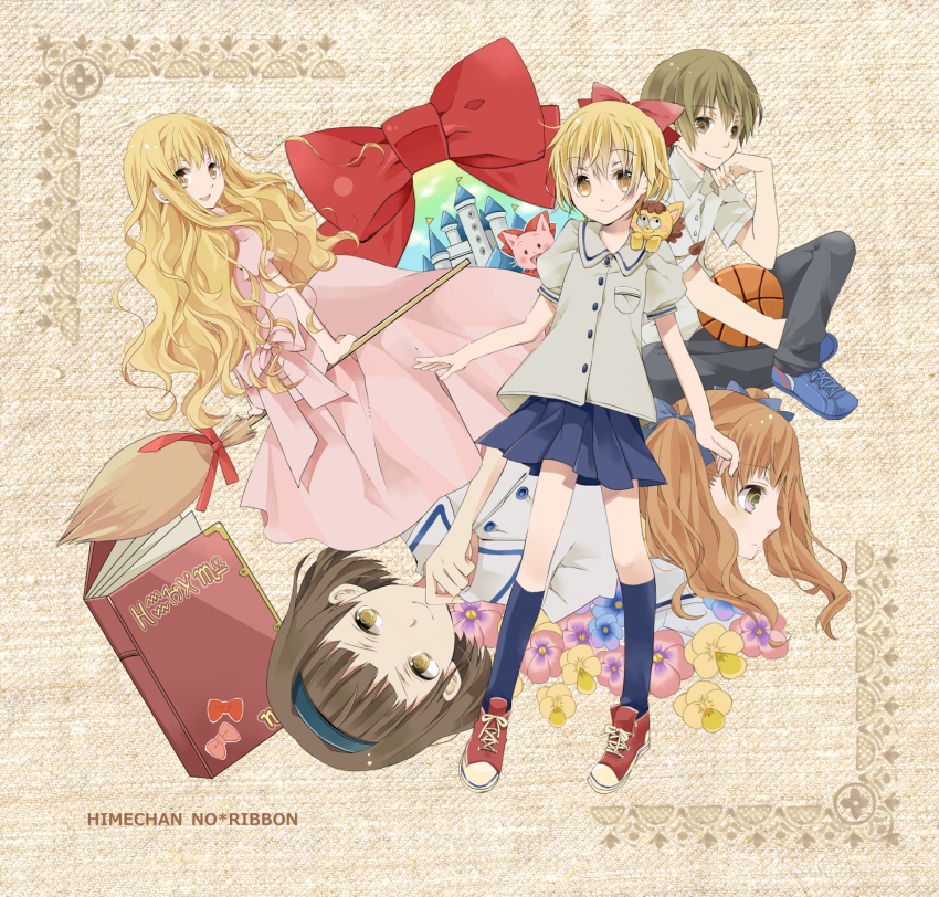 1boy, 4girls, ball, basketball, basketball_(object), blonde_hair, book, bow, broom, brown_hair, erika_(hime-chan_no_ribbon), hair_bow, hibino_hikaru, highres, hijiri_yuka, hime-chan_no_ribbon, kobayashi_daichi, long_hair, multiple_girls, nonohara_himeko, pink_(hime-chan_no_ribbon), pokota_(hime-chan_no_ribbon), short_hair, yuma_(15785801)
