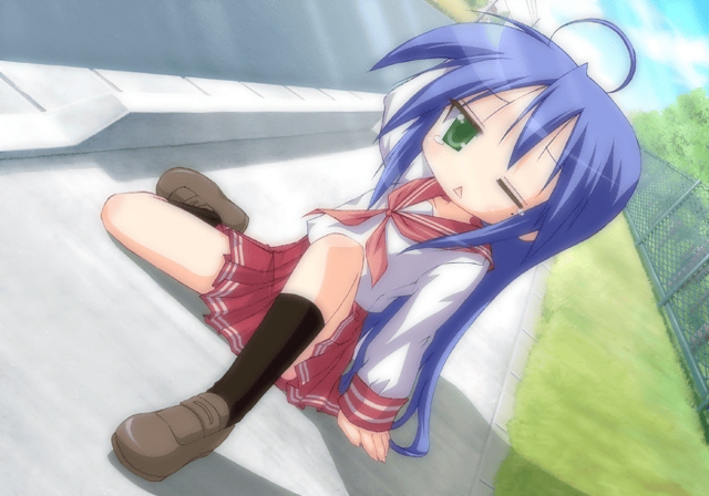 00s, 1girl, :<, ahoge, blue_eyes, blue_hair, chain-link_fence, cloud