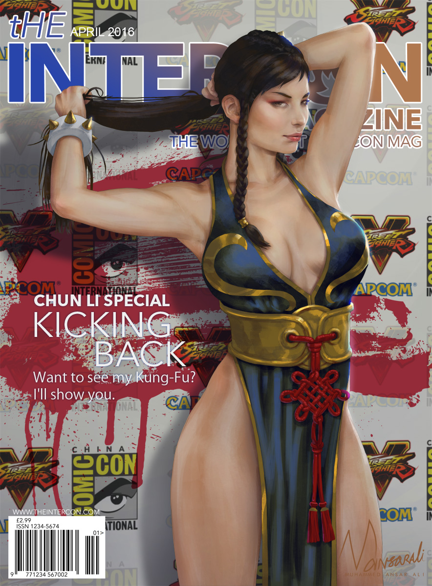 1girl, adjusting_hair, alternate_hairstyle, armpits, black_dress, bracelet, braid, breasts, brown_hair, capcom, center_opening, china_dress, chinese_clothes, chun-li, cleavage, cover, dress, english_text, female_focus, highres, jewelry, magazine_cover, medium_breasts, muhammed_ansar_ali, no_bra, no_panties, official_alternate_costume, pelvic_curtain, realistic, revealing_clothes, solo, spiked_bracelet, spikes, street_fighter, street_fighter_v