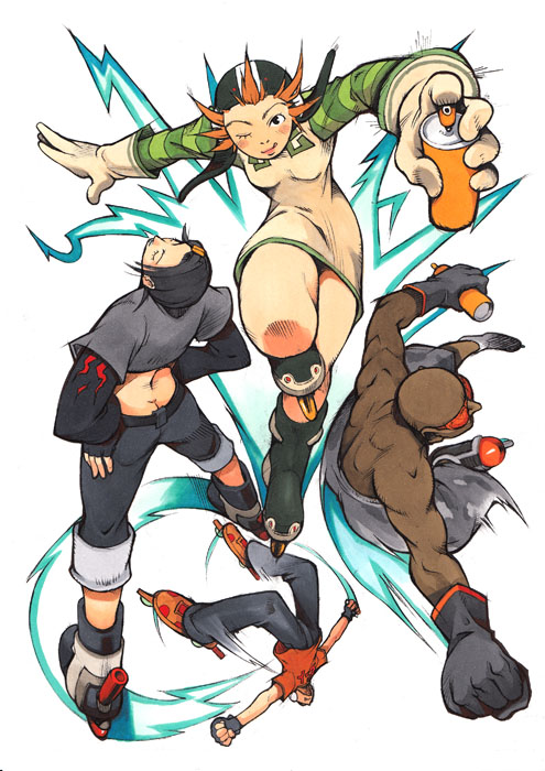 2boys, 2girls, bald, beat_(jsr), black_gloves, blonde_hair, butt_crack, camouflage, camouflage_shorts, closed_eyes, crop_top, cube_(jsr), dark_skin, dress, garam_(jsr), gloves, goggles, gum_(jsr), hair_ornament, hairclip, hands_on_own_hips, headphones, helmet, inline_skates, jet_set_radio, long_sleeves, multiple_boys, multiple_girls, one_eye_closed, pe_salt, peter_salt, roller_skates, sega, short_hair, shorts, simple_background, skates, spray_can, spray_paint, striped, thick_thighs, thighs, white_background, white_gloves, wink, y2k_fashion