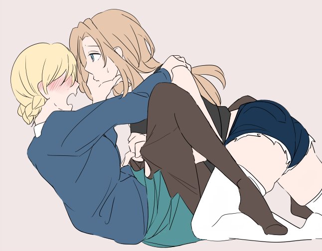 10s, 2girls, blonde_hair, blue_sweater, blush, clothes_pull, cutoffs, darjeeling_(girls_und_panzer)