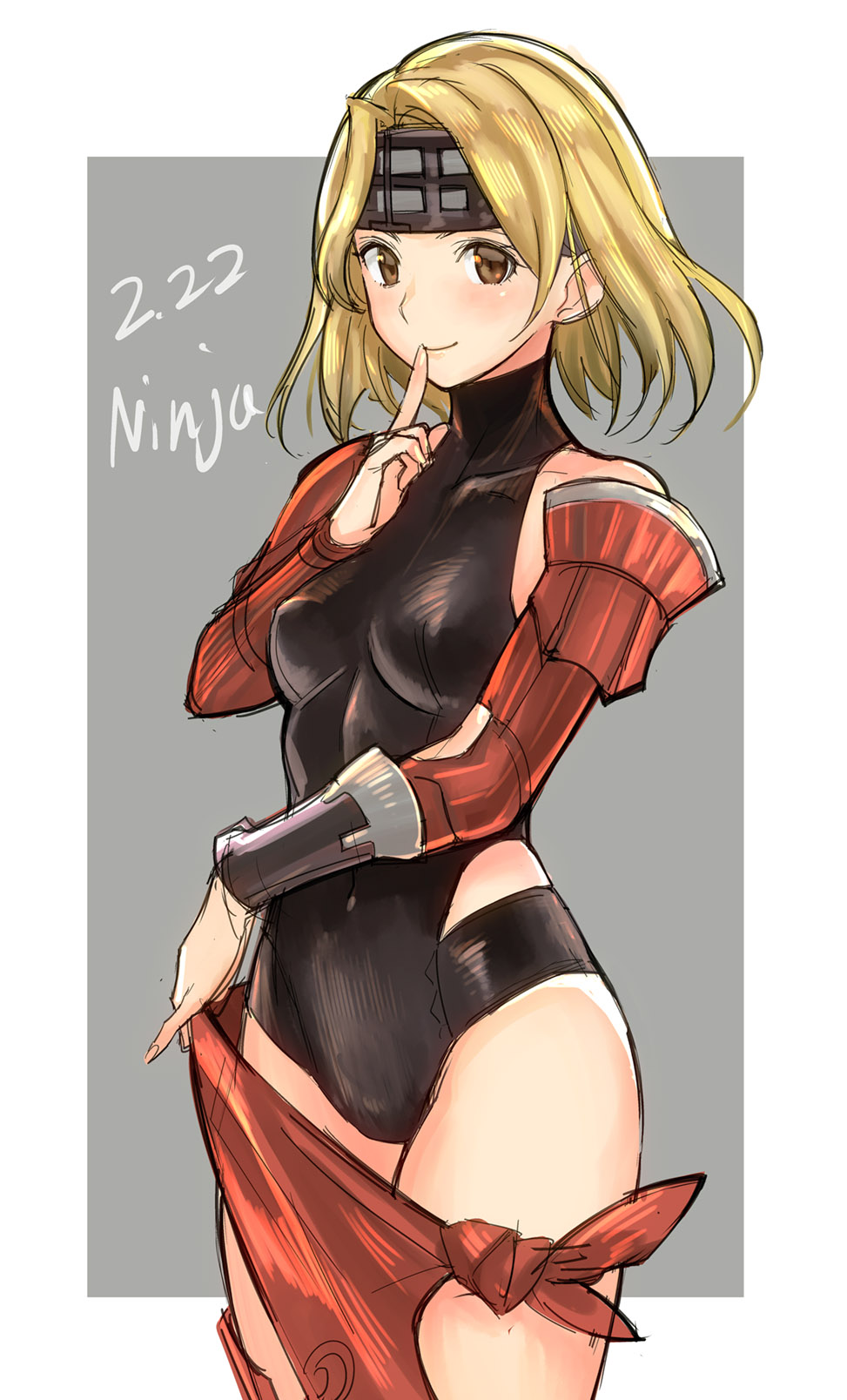 10s, 1girl, black_leotard, blonde_hair, blush, border, breasts, brown_eyes, closed_mouth, clothes_pull, covered_navel, cowboy_shot, dated, djeeta_(granblue_fantasy), female_focus, finger_to_mouth, granblue_fantasy, grey_background, headband, highres, index_finger_raised, leotard, looking_at_viewer, medium_breasts, ninja, ninja_(granblue_fantasy), overskirt, pinky_out, pulling, short_hair, shushing, side-tie_skirt, sketch, skirt, skirt_pull, smile, solo, tetsu_(kimuchi), vambraces