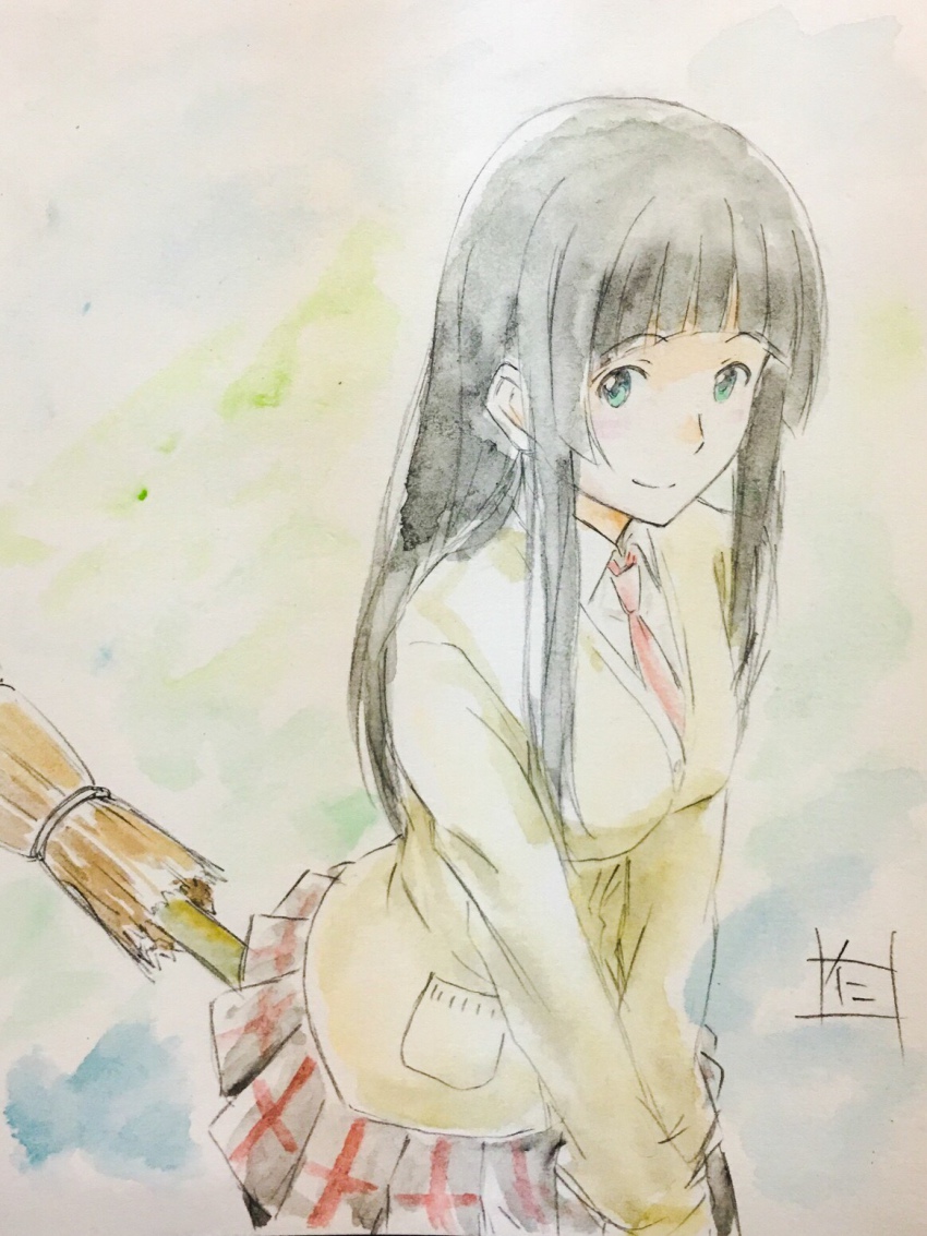 10s, 1girl, bad_id, bad_pixiv_id, bamboo_broom, black_hair, blunt_bangs, broom, broom_riding, female_focus, flying_witch, green_eyes, highres, kowata_makoto, long_hair, long_sleeves, looking_at_viewer, necktie, nii_manabu, pastel_color, school_uniform, signature, skirt, smile, solo, traditional_media, watercolor_pencil_(medium)