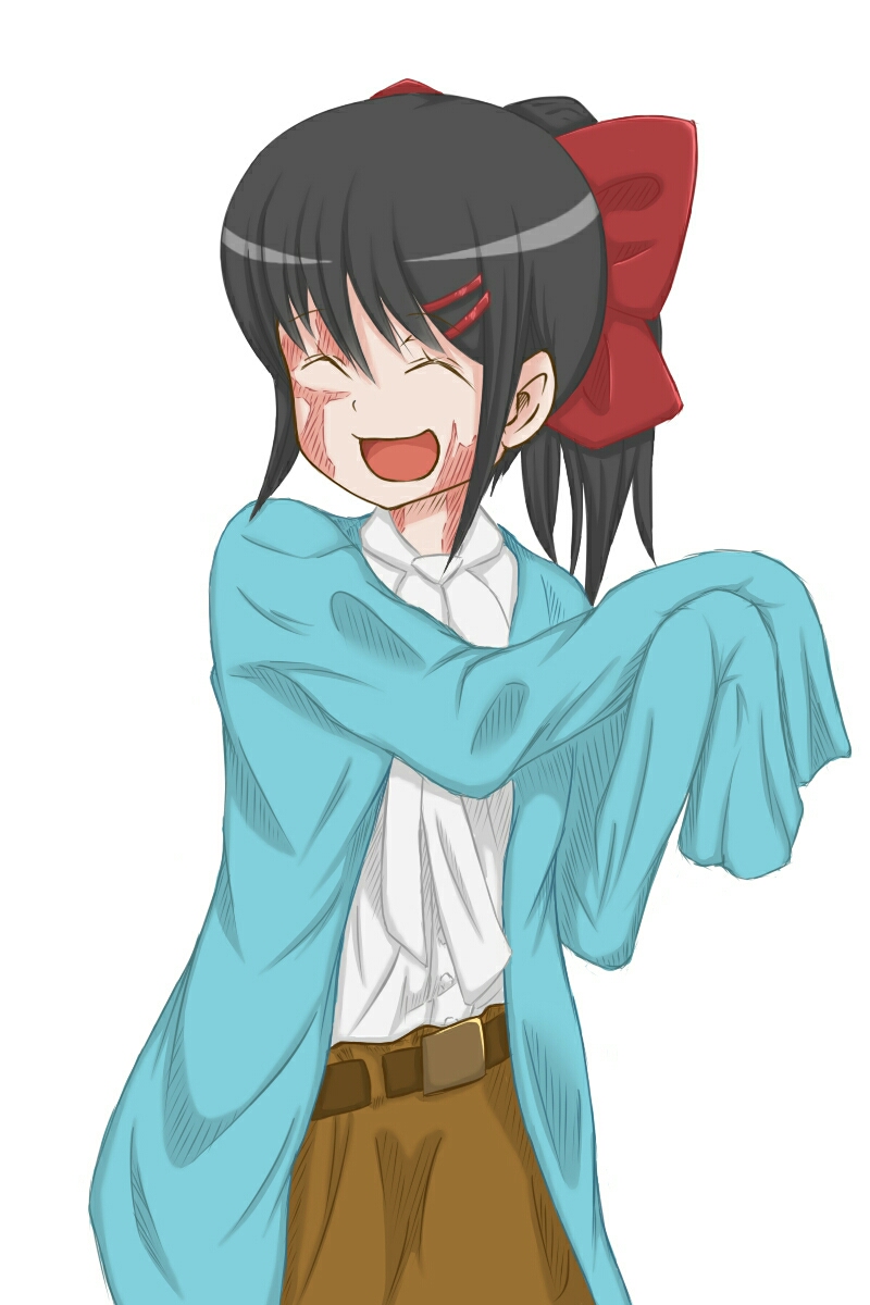 1girl, :d, ^_^, bad_id, bad_pixiv_id, belt, black_hair, bow, burn_scar, closed_eyes, cosplay, dorei_to_no_seikatsu_~teaching_feeling~, ellen_baker, ellen_baker_(cosplay), female_focus, hair_bow, hair_ornament, hairclip, highres, jacket, long_hair, long_sleeves, new_horizon, open_mouth, oversized_clothes, parody, ponytail, scar, shiroi_kawauso, simple_background, sleeves_past_wrists, smile, solo, sylvie_(dorei_to_no_seikatsu), white_background