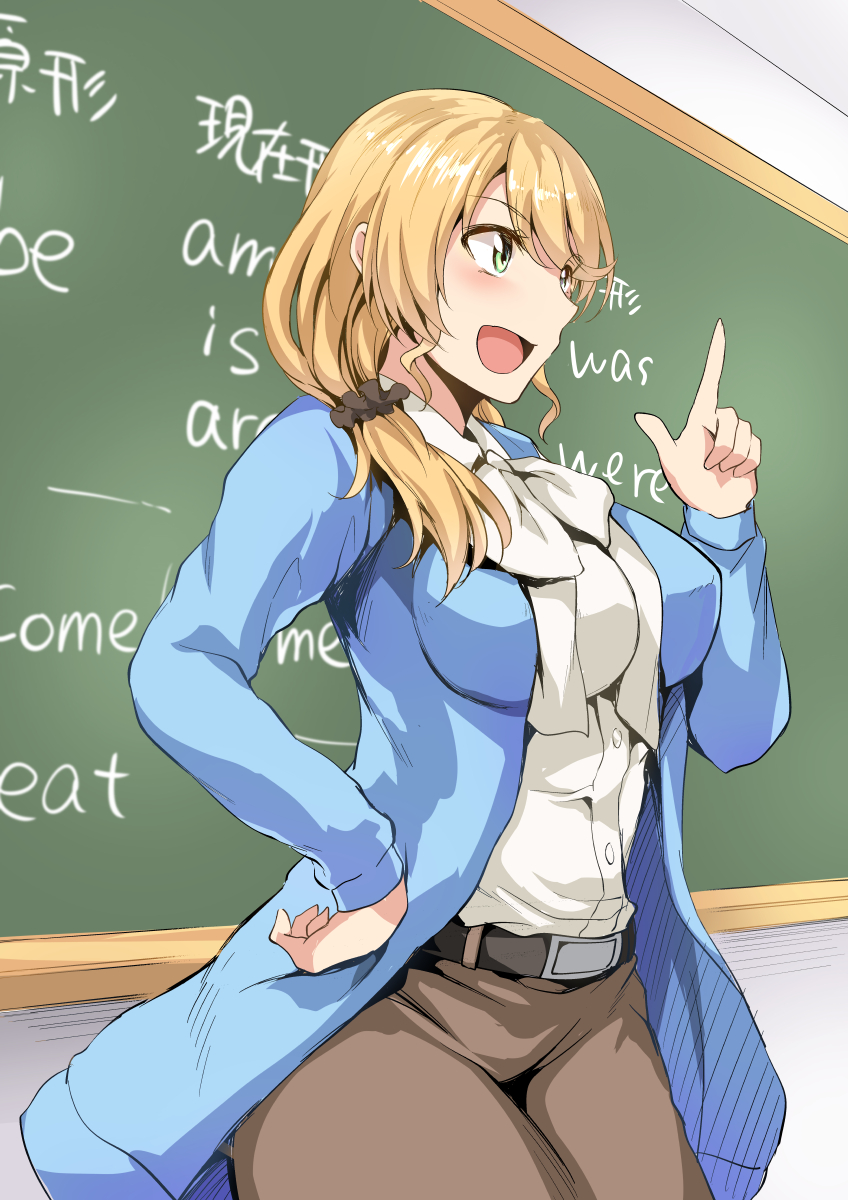 1girl, blonde_hair, blush, breasts, chalkboard, ellen_baker, female_focus, green_eyes