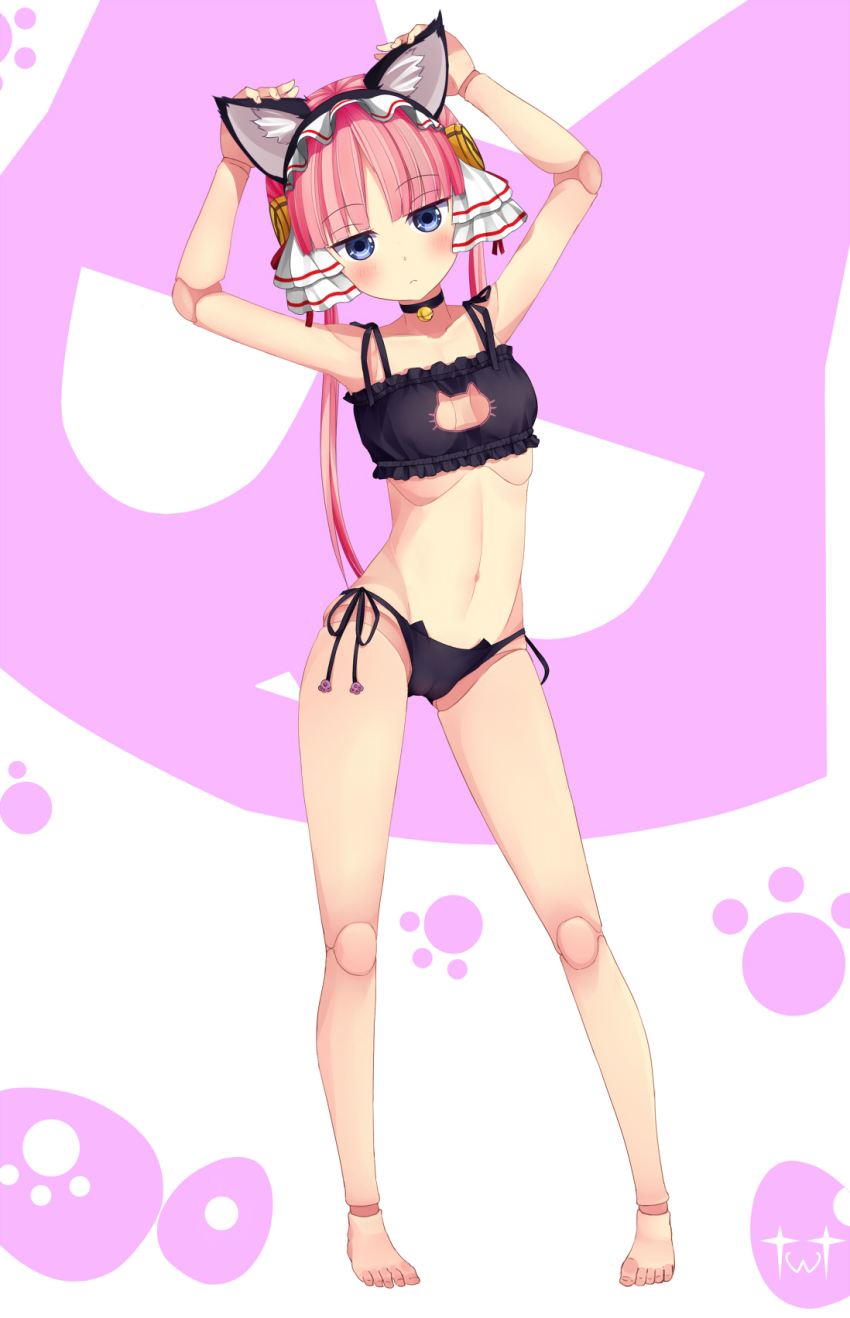 10s, 1girl, android, animal_ears, barefoot, bell, black_bra, black_panties