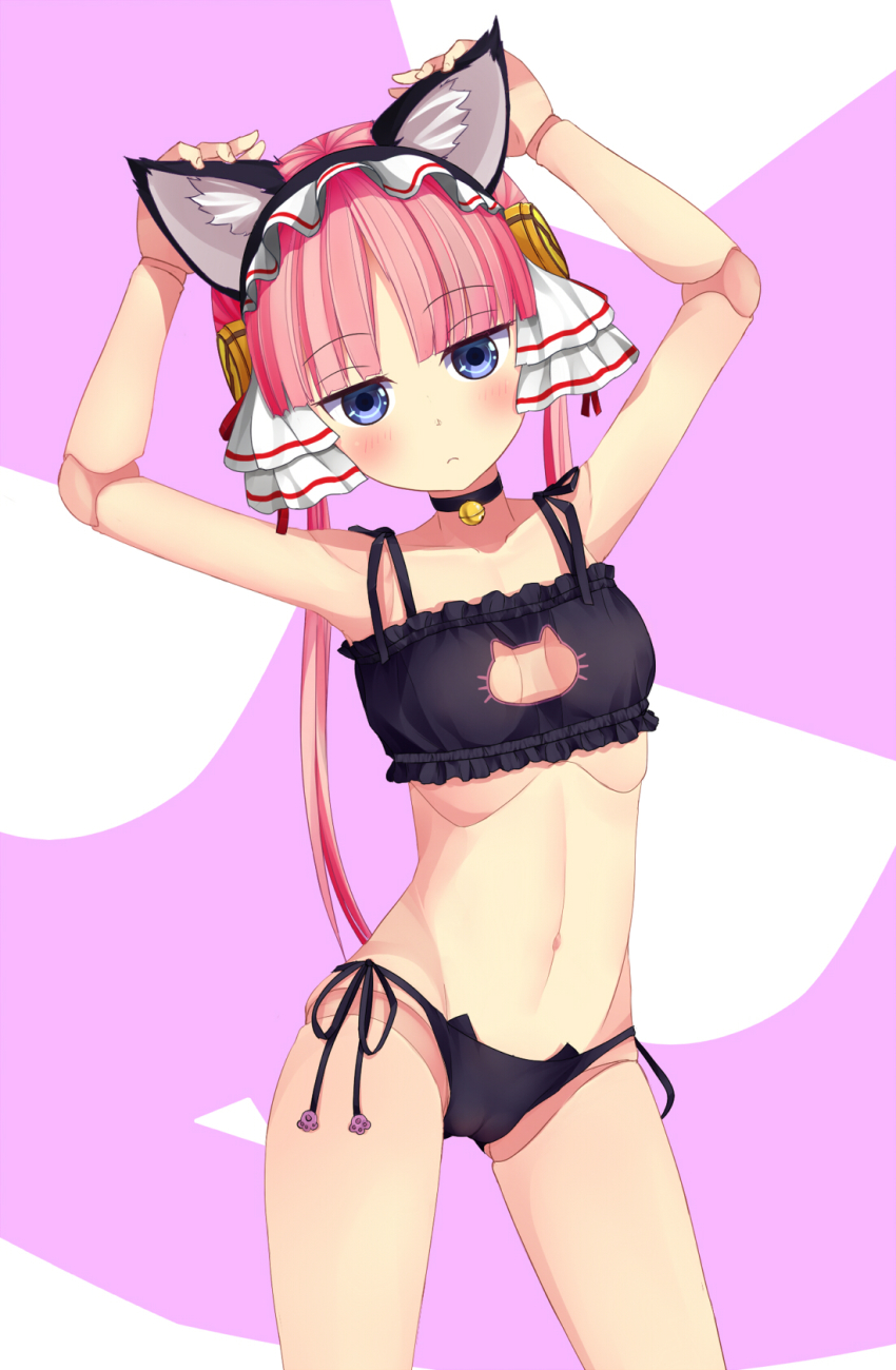 10s, 1girl, android, animal_ears, bell, black_bra, black_panties, blue_eyes