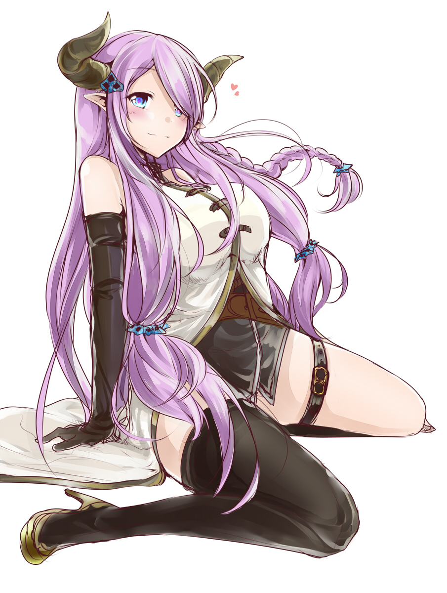 10s, 1girl, bare_shoulders, black_gloves, black_thighhighs, blue_eyes, blush, braid, breasts, cow_girl, cow_horns, draph, elbow_gloves, female_focus, full_body, gloves, granblue_fantasy, hair_ornament, hair_over_one_eye, hairclip, heart, high_heels, highres, horns, large_breasts, long_hair, looking_at_viewer, miniskirt, narmaya_(granblue_fantasy), pointy_ears, purple_hair, simple_background, sitting, skirt, solo, thighhighs, thighs, vellark, wariza, white_background