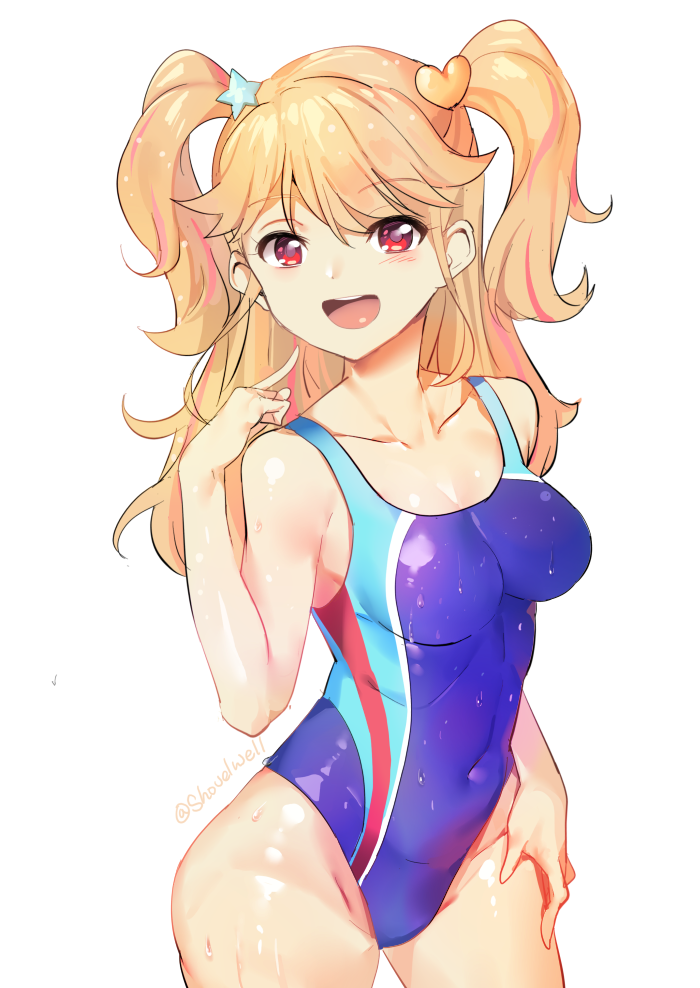 1girl, :d, aikatsu!, aikatsu!_(series), blonde_hair, blush, breasts, competition_swimsuit