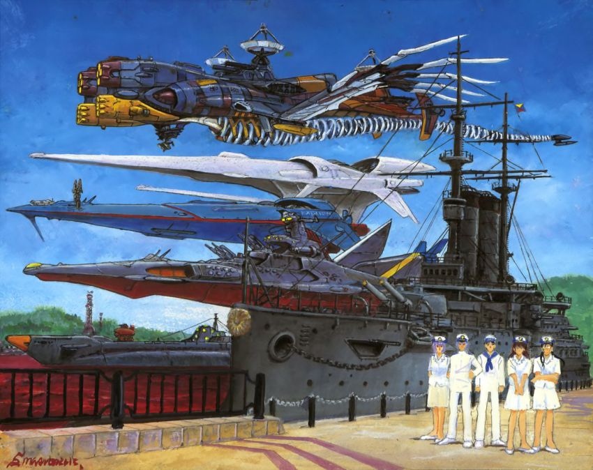 10s, 1990s_(style), 2boys, 3girls, aaa_wunder, ayanami_rei, battleship, company_connection, crossover, eltreum, evangelion:_3.0_you_can_(not)_redo, exelion, fushigi_no_umi_no_nadia, gainax, gratan_(nadia), gunbuster, hat, ikari_shinji, makinami_mari_illustrious, masuo_shouichi, mecha, mikasa_(battleship), military, military_uniform, military_vehicle, mountain, multiple_boys, multiple_girls, nagisa_kaworu, nautilus, naval_uniform, neon_genesis_evangelion, non-web_source, peaked_cap, rebuild_of_evangelion, retro_artstyle, robot, sailor, ship, signature, souryuu_asuka_langley, spacecraft, top_wo_nerae!, top_wo_nerae!_(series), vehicle_focus, warship, watercraft