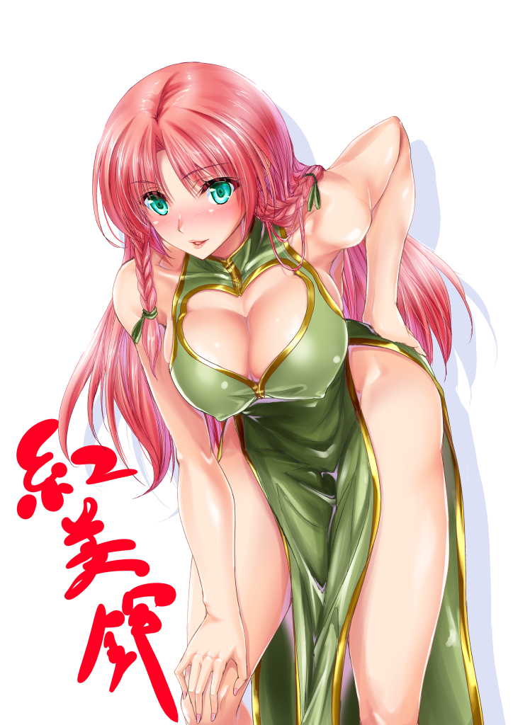 1girl, bare_hips, bare_shoulders, blush, braid, breasts, china_dress, chinese_clothes, cleavage, cleavage_cutout, clothing_cutout, covered_erect_nipples, dress, female_focus, green_dress, green_eyes, hand_on_own_hip, hand_on_own_knee, hip_bones, hong_meiling, large_breasts, lips, long_hair, looking_at_viewer, maho_(yakimorokoshi), nail_polish, missing_headwear, pelvic_curtain, pink_nails, red_hair, solo, touhou, twin_braids, white_background