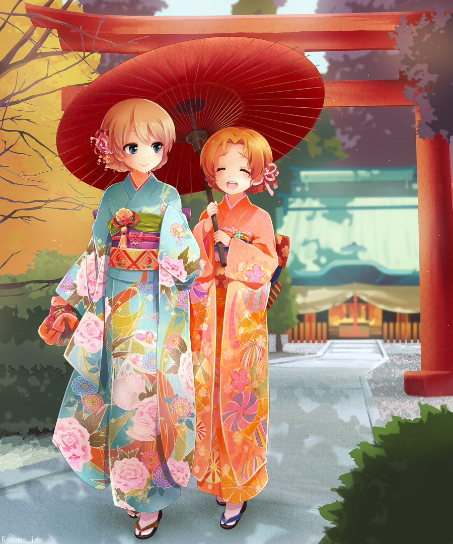 10s, 2girls, :d, blonde_hair, blue_eyes, braid, darjeeling_(girls_und_panzer), day, closed_eyes, female_focus, flower, girls_und_panzer, hair_flower, hair_ornament, happy, holding, holding_umbrella, japanese_clothes, kimono, kosame_koori, multiple_girls, nature, obi, oil-paper_umbrella, open_mouth, orange_hair, orange_pekoe_(girls_und_panzer), outdoors, plant, sandals, sash, sky, smile, torii, umbrella