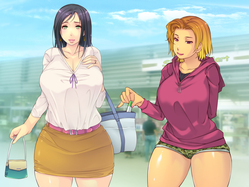 2girls, bag, belt, black_hair, blonde_hair, blush, breasts, cleavage, curvy, earrings, green_eyes, holding, hood, hoodie, huge_breasts, legs, long_hair, long_sleeves, looking_at_viewer, multiple_girls, original, outdoors, over_shoulders, pink_eyes, short_hair, short_shorts, shorts, skirt, sky, smile, standing, thick_thighs, thighs, wide_hips, yellow_skirt, yoko_juusuke
