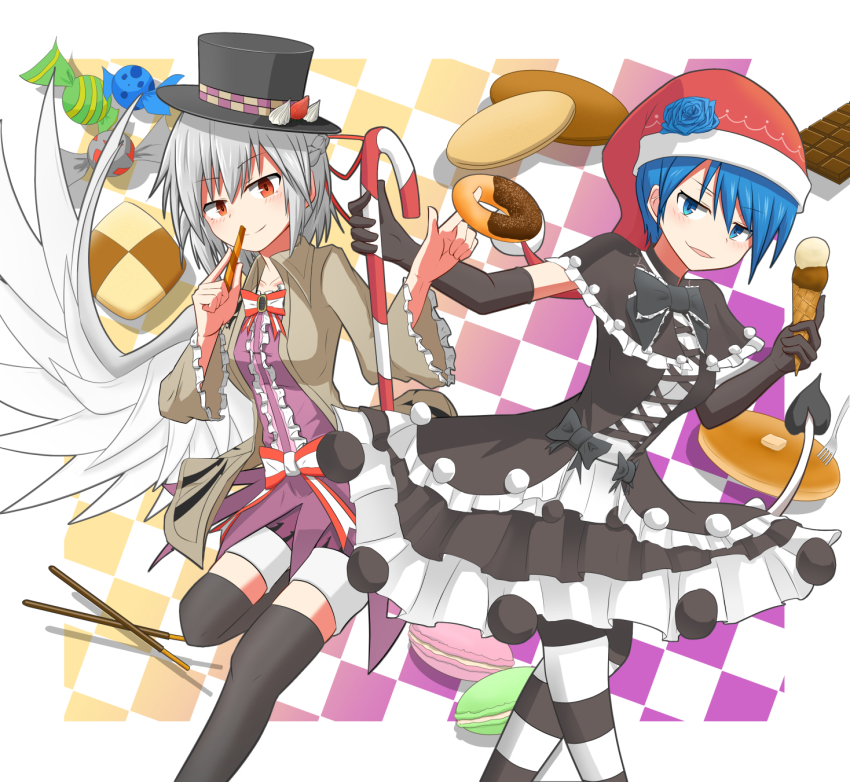 2girls, alternate_costume, blue_eyes, blue_hair, bow, bowtie, candy, candy_cane