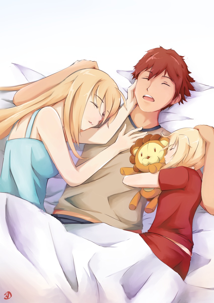 1boy, 2girls, absurdres, ahoge, alternate_costume, artoria_pendragon_(fate), blonde_hair, brown_shirt, emiya_shirou, family, fate/apocrypha, fate/stay_night, fate_(series), girl_sandwich, highres, long_hair, mordred_(fate), mordred_(fate/apocrypha), mother_and_child, mother_and_daughter, multiple_girls, nachtness, parent_and_child, pon_de_lion, red_hair, saber_(fate), sandwiched, shirt, short_hair, sleeping, type-moon