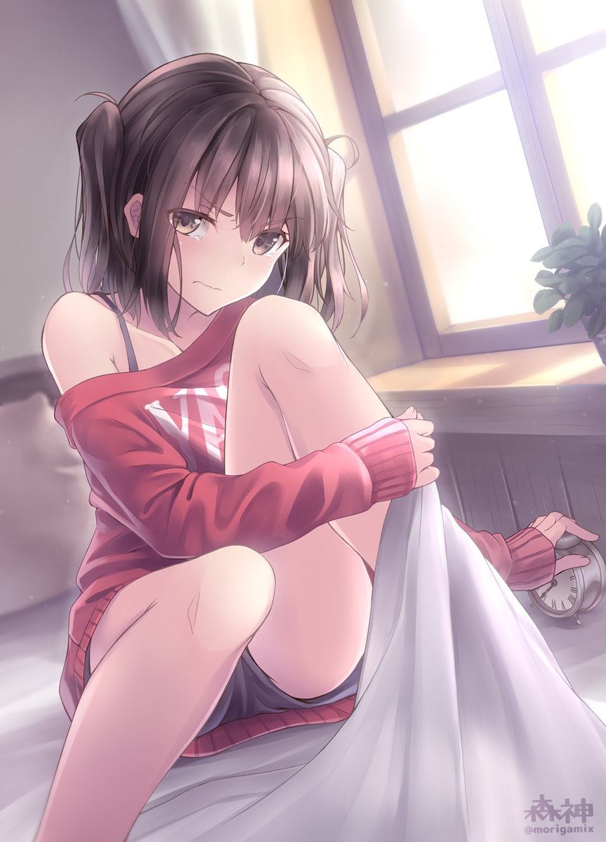 10s, 1girl, alarm_clock, alternate_costume, bed, bed_sheet, blanket, blush, brown_eyes, brown_hair, casual, clock, clothes_writing, curtains, dutch_angle, female_focus, highres, indoors, kantai_collection, long_sleeves, looking_at_viewer, messy_hair, morigami_(morigami_no_yashiro), night_battle_idiot, off_shoulder, pillow, plant, potted_plant, sendai_(kancolle), sheet_grab, shorts, solo, sweater, tears, twitter_username, two_side_up, wavy_mouth, window