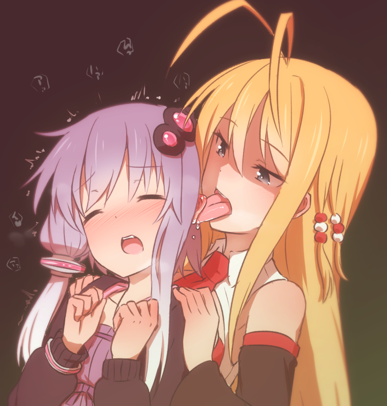 2girls, antenna_hair, blonde_hair, blue_eyes, blush, collarbone, detached_sleeves, dress, ear_licking, eargasm, closed_eyes, licking_another's_face, hair_ornament, hands_on_shoulders, kuroshiro_gurei, licking, long_hair, multiple_girls, necktie, nose_blush, open_mouth, purple_hair, strapless, strapless_dress, teeth, tongue, tongue_out, tsurumaki_maki, tube_dress, twintails, uncommon_stimulation, upper_body, vocaloid, voiceroid, yuri, yuzuki_yukari