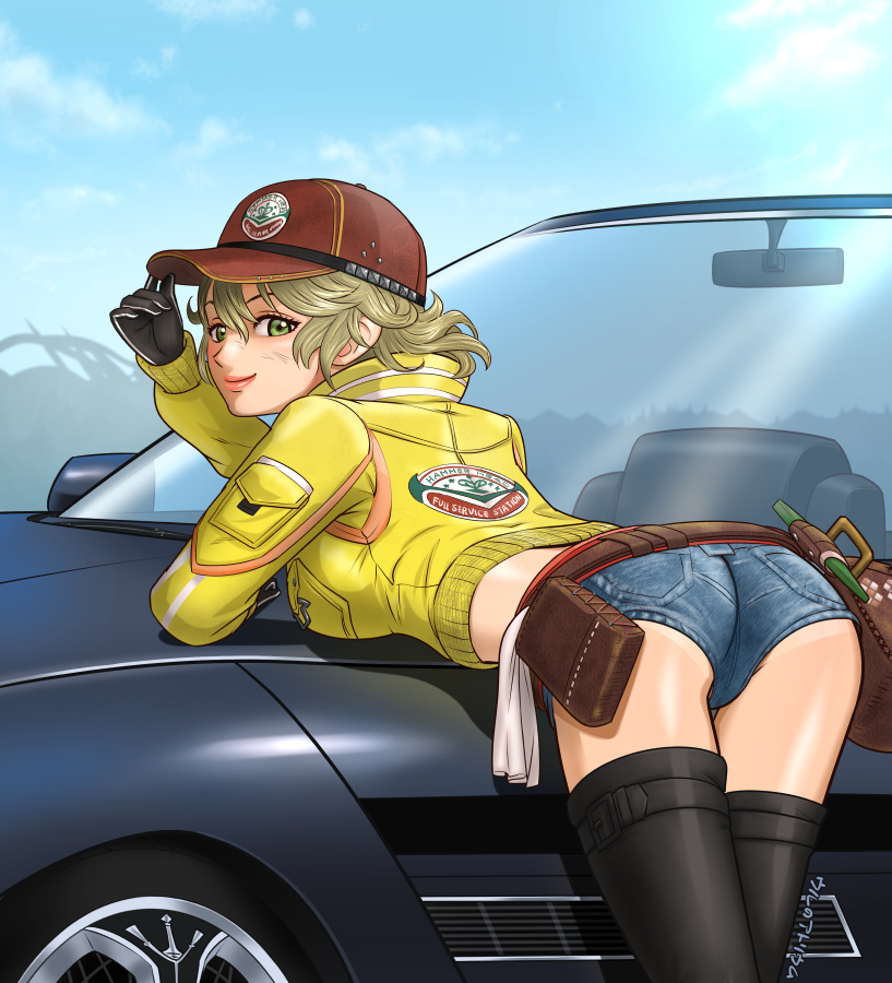 10s, 1girl, ass, baseball_cap, belt, bent_over, car, cidney_aurum, cropped_jacket, denim, denim_shorts, female_focus, final_fantasy, final_fantasy_xv, from_behind, gloves, green_eyes, hat, looking_at_viewer, looking_back, motor_vehicle, short_hair, short_shorts, shorts, smile, solo, square_enix, tan, tanline, thighhighs, ur_(wulfa)