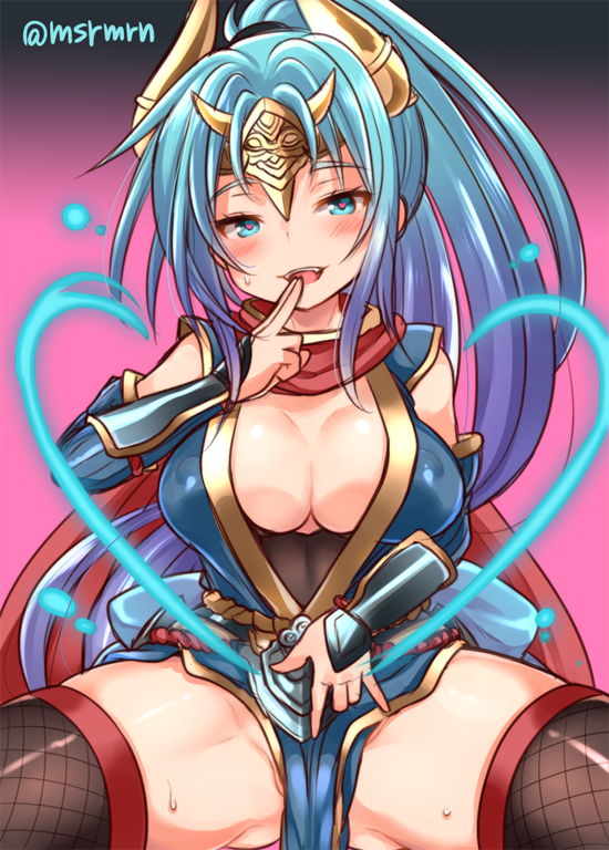 1girl, bad_id, bad_pixiv_id, bare_shoulders, between_legs, blue_eyes, blue_hair, blush, breasts, cape, cleavage, covered_erect_nipples, elbow_gloves, female_focus, finger_to_mouth, fishnet_thighhighs, fishnets, gloves, gluteal_fold, hand_between_legs, hatsume_(p&amp;d), headband, heart, heart-shaped_pupils, horns, long_hair, looking_at_viewer, m/, matching_hair/eyes, meopun_(meopen429), ponytail, puzzle_&amp;_dragons, sitting, smile, solo, spread_legs, sweat, symbol-shaped_pupils, thighhighs, twitter_username, vambraces