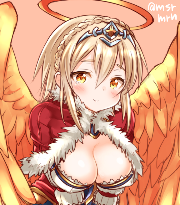 1girl, angel_wings, bad_id, bad_pixiv_id, blonde_hair, blush, braid, breasts, capelet, cleavage, covered_erect_nipples, crown_braid, female_focus, fur_trim, halo, meopun_(meopen429), puzzle_&amp;_dragons, rozuel_(p&amp;d), smile, solo, tears, tiara, twitter_username, upper_body, wings, yellow_eyes