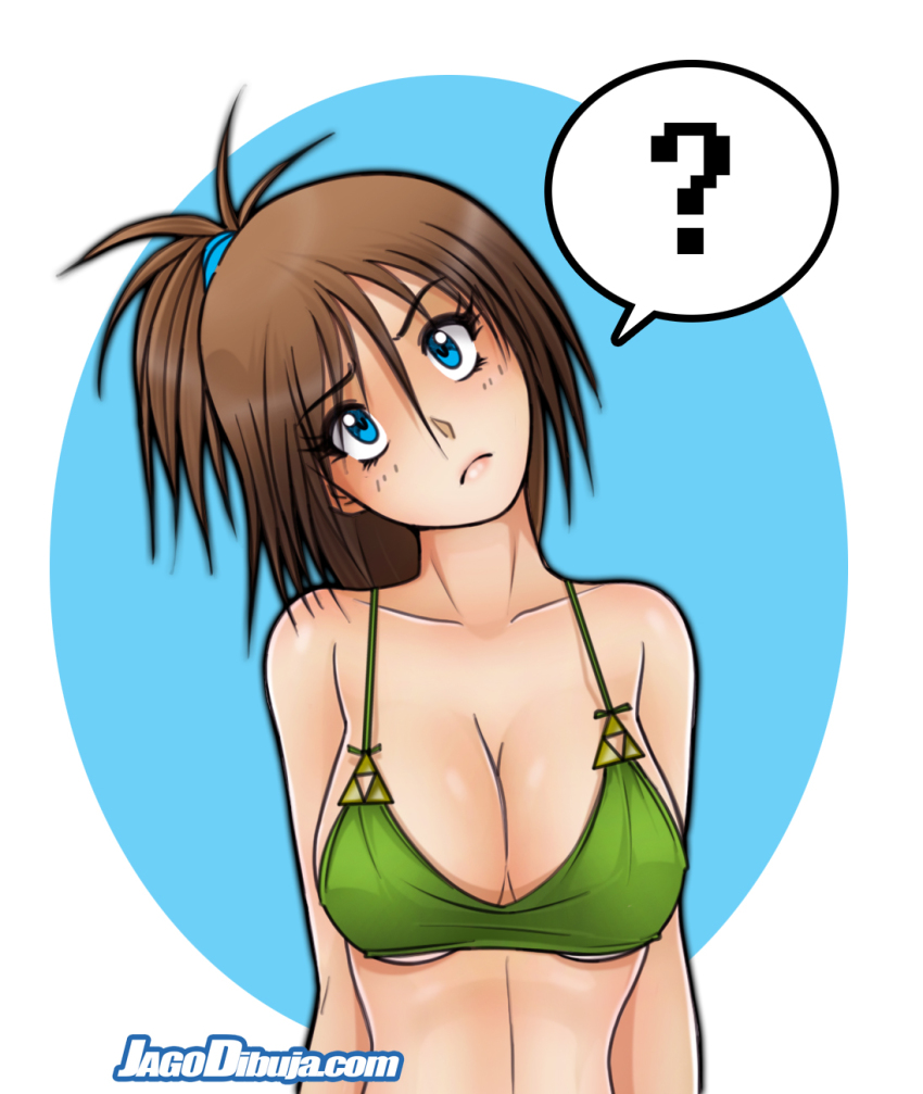 1girl, ?, artist_name, bare_shoulders, blue_eyes, blue_ribbon, breasts, brown_hair