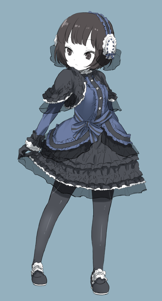 10s, 1girl, accurate_lolita_coord, alternate_costume, arms_at_sides, bad_id, bad_pixiv_id, black_eyes, black_gloves, black_hair, black_pantyhose, black_shoes, blue_background, blue_bow, blue_ribbon, bow, capelet, closed_mouth, dress, female_focus, fishnets, frills, full_body, gloves, gothic_lolita, hairband, legs_apart, lolita_fashion, lolita_hairband, long_sleeves, mikami_kaho, monochrome, nogiwa_kaede, pantyhose, ribbon, ribbon_trim, shoes, short_hair, simple_background, solo, standing, world_trigger, wrist_cuffs
