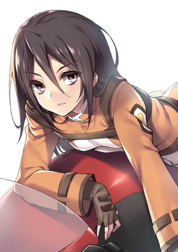 00s, 1girl, blush, bodysuit, brown_gloves, brown_hair, closed_mouth, emblem, expressionless, female_focus, fingerless_gloves, fuya_(tempupupu), ga-rei, ga-rei_zero, gloves, hair_between_eyes, kasuga_natsuki, lips, long_sleeves, looking_at_viewer, lying, motor_vehicle, motorcycle, on_stomach, red_eyes, short_hair, simple_background, solo, tsurime, vehicle, white_background