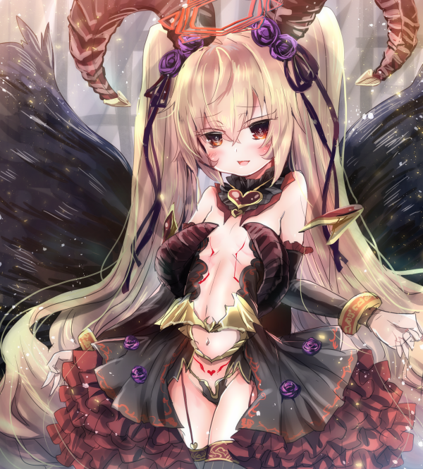 1girl, arm_warmers, bare_shoulders, black_wings, blonde_hair, blush, bracelet, dress