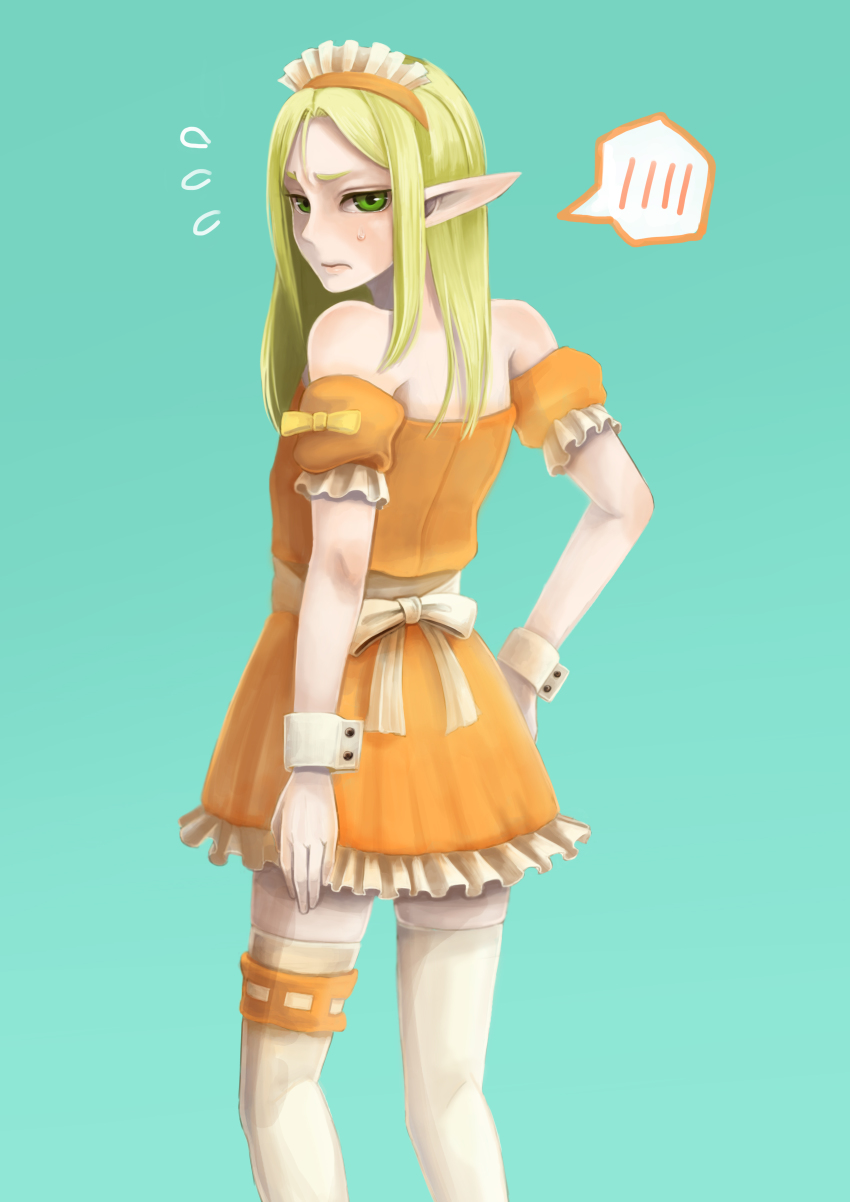 1boy, absurdres, blonde_hair, blush, crossdressing, crossdressing_(mtf), dress, elf, erik_burton, from_behind, green_eyes, highres, long_hair, looking_back, maid_headdress, male_focus, pointy_ears, pop-up_story, simple_background, sketch, skirt, solo, spoken_blush, sweatdrop, thighhighs, trap, umino_kiri, white_thighhighs, wrist_cuffs