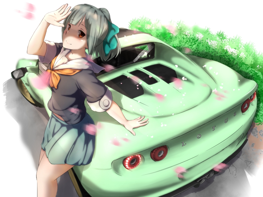 10s, 1girl, aqua_hair, black_serafuku, blunt_bangs, blush, bow, bush, car, cherry_blossoms, closed_mouth, collar, covering_own_eyes, eyebrows, female_focus, flower, glass, green_bow, green_skirt, hair_bow, highres, kantai_collection, leaning_back, lips, long_hair, looking_at_viewer, lotus, lotus_cars, lotus_elise, motion_blur, motor_vehicle, neckerchief, orange_(sal1014), outdoors, petals, plant, pleated_skirt, ponytail, red_eyes, school_uniform, serafuku, shadow, simple_background, skirt, smile, solo, standing, sunlight, transparent, vehicle_focus, white_background, window, yuubari_(kancolle)