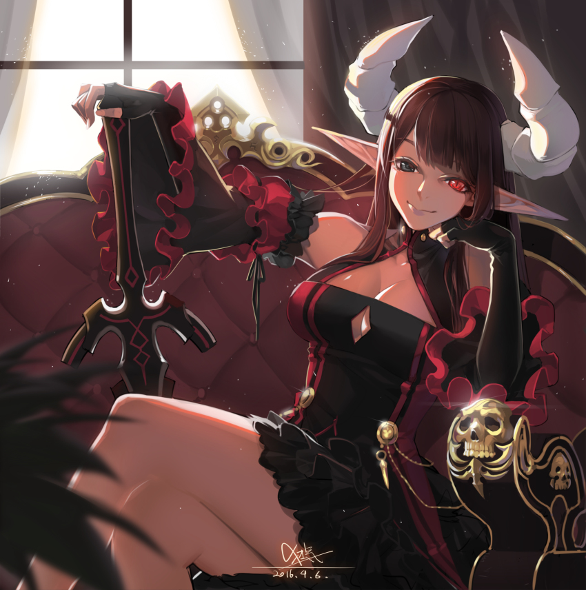 10s, 1girl, 2016, absurdres, artist_name, bare_shoulders, breasts, brown_hair