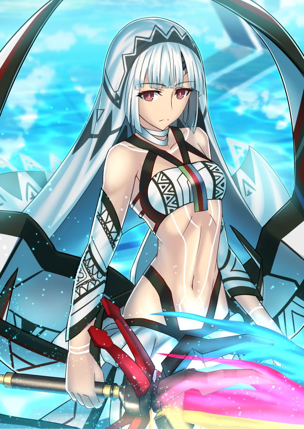 10s, 1girl, altera_(fate), altera_(third_ascension)_(fate), aqua_background, arm_warmers, choker, cowboy_shot