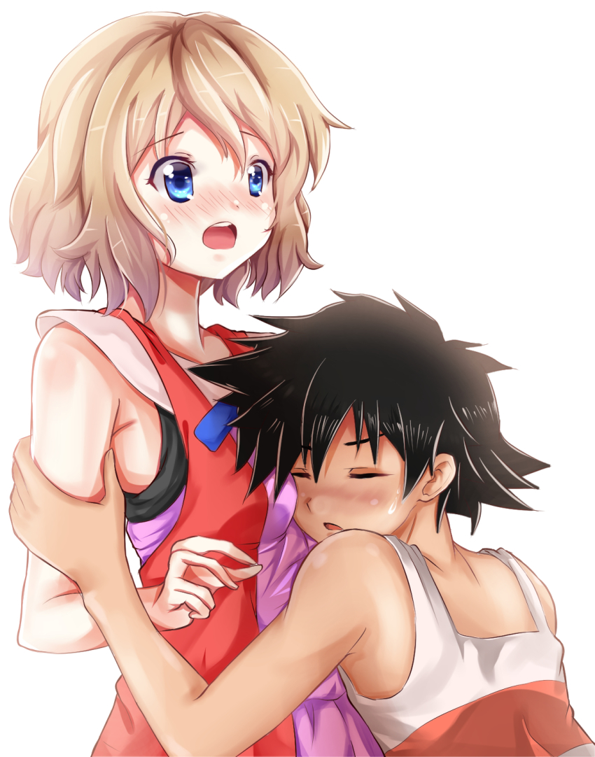 1boy, 1girl, :o, arm_grab, ash_ketchum, ashujou, bare_shoulders, black_hair, blonde_hair, blush, breasts, closed_eyes, collarbone, dress, eyebrows, hetero, highres, hug, nintendo, nose_blush, open_clothes, open_mouth, open_vest, pink_dress, pokemon, pokemon_(anime), pokemon_the_series:_xy, red_vest, round_teeth, serena_(pokemon), short_hair, simple_background, sleeveless, sleeveless_dress, small_breasts, surprised, sweatdrop, tank_top, teeth, upper_body, vest, yellow_background