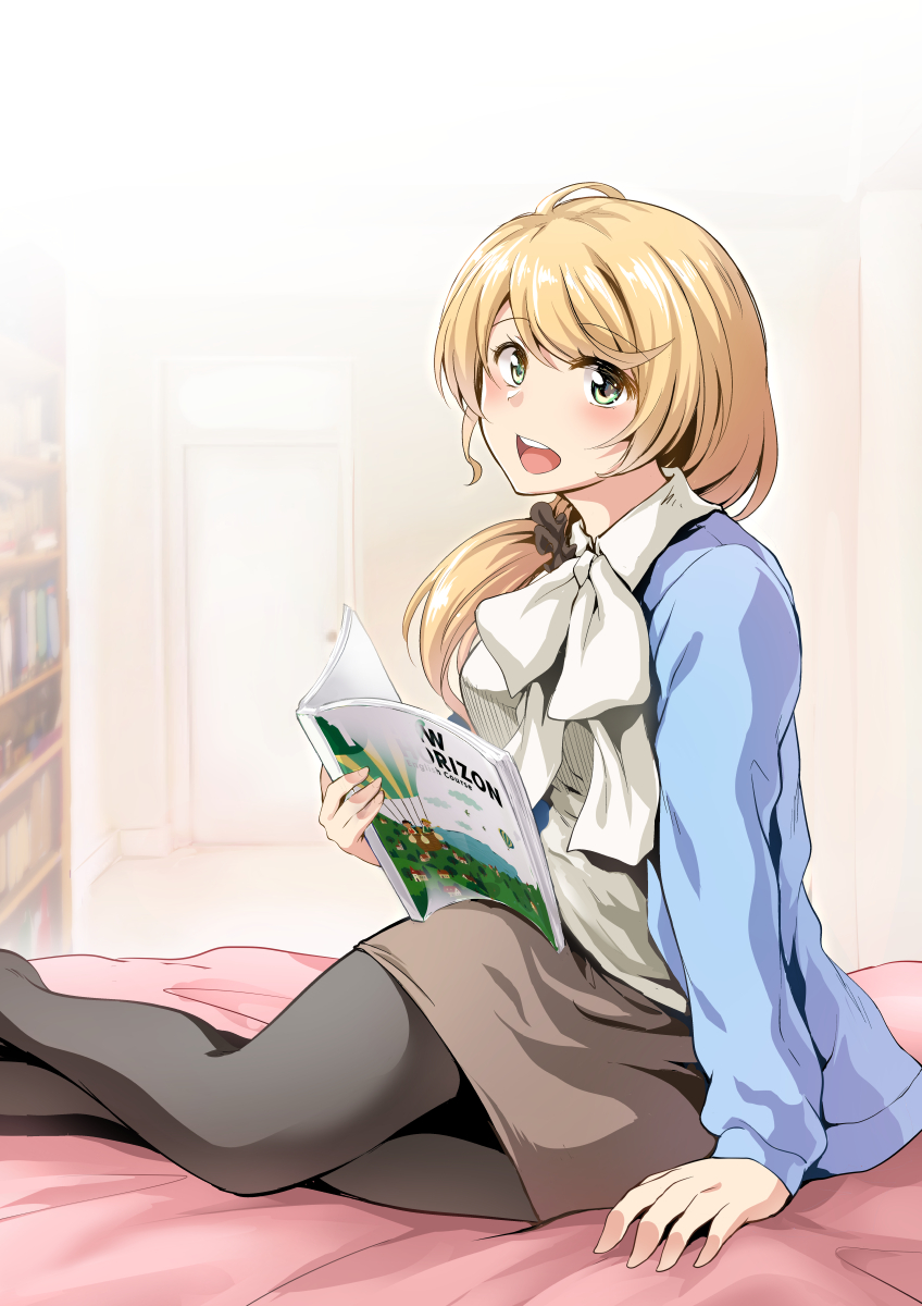 1girl, bed, black_pantyhose, blonde_hair, book, ellen_baker, female_focus, green_eyes, highres, holding, jacket, long_hair, low_ponytail, nashiru, nashiru_(kuusou_banana), new_horizon, open_mouth, pantyhose, ponytail, scrunchie, shirt, sitting, skirt, smile, solo