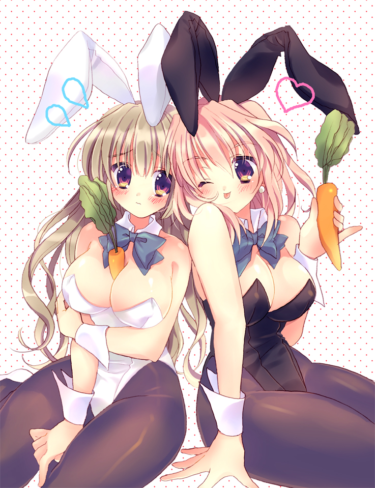 2girls, animal_ears, bad_id, bad_pixiv_id, bare_shoulders, between_breasts, blush, bow
