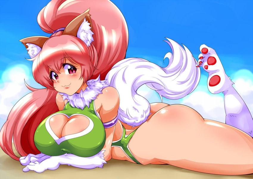 1girl, :3, animal_ears, animal_hands, armlet, ass, bare_legs, bare_shoulders, blush, breasts, cat_ears, cat_girl, cleavage, cleavage_cutout, clothing_cutout, curvy, female_focus, furry, furry_female, green_one-piece_swimsuit, heart, heart_cutout, highleg, highleg_leotard, highres, huge_ass, huge_breasts, jewelry, large_breasts, leotard, long_hair, looking_at_viewer, lying, on_stomach, one-piece_swimsuit, outdoors, paw_print, perisie_(star_ocean), pink_hair, ponytail, red_eyes, red_hair, ryoi, shiny_clothes, shiny_skin, sky, smile, solo, star_ocean, star_ocean:_first_departure, swimsuit, tail, thick_thighs, thighhighs, thighs, thong_leotard, very_long_hair