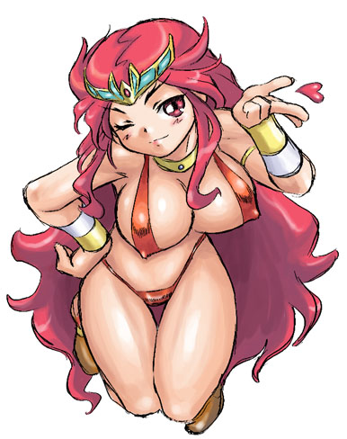 1girl, bikini, blush, breasts, breath_of_fire, breath_of_fire_ii, cleavage, covered_erect_nipples, crown, dr.p, female_focus, hat, large_breasts, long_hair, lowres, one_eye_closed, red_bikini, red_eyes, red_hair, sana, shaman, solo, swimsuit, white_background
