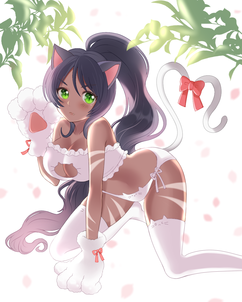 1girl, all_fours, animal_ears, animal_hands, bad_id, bad_pixiv_id, bare_shoulders, black_hair