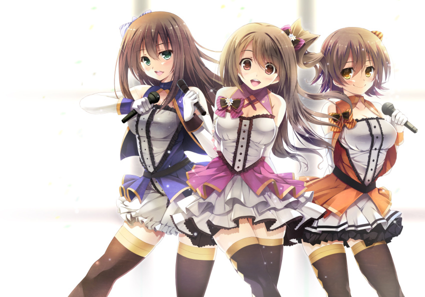 10s, 3girls, breasts, brown_eyes, brown_hair, green_eyes, honda_mio, idolmaster