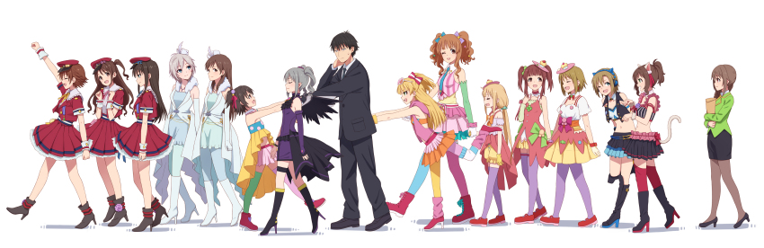 10s, 1boy, 6+girls, absurdres, akagi_miria, anastasia_(idolmaster), animal_ears, asymmetrical_legwear, black_hair, blonde_hair, boots, brown_hair, cat_ears, dekitate_evo!_revo!_generation!, detached_collar, drill_hair, formal_clothes, futaba_anzu, hat, highres, honda_mio, idolmaster, idolmaster_cinderella_girls, jougasaki_rika, kanzaki_ranko, long_hair, maekawa_miku, mimura_kanako, mismatched_legwear, moroboshi_kirari, multiple_girls, necktie, new_generations, nitta_minami, ogata_chieri, open_mouth, over_the_collar, pantyhose, pikapikapop, producer_(idolmaster), producer_(idolmaster_cinderella_girls_anime), pure_white_memories, rosenburg_engel, senkawa_chihiro, shibuya_rin, shimamura_uzuki, short_hair, silver_hair, smile, suit, sweet2_happy, tada_riina, thighhighs, thighhighs_under_boots, twin_drills, twintails, two_side_up, yahiro_(epicopeiidae)