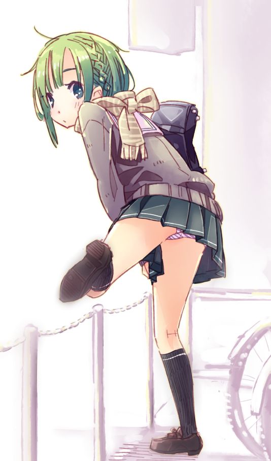 1girl, bag, black_socks, blue_eyes, braid, female_focus, fence, full_body