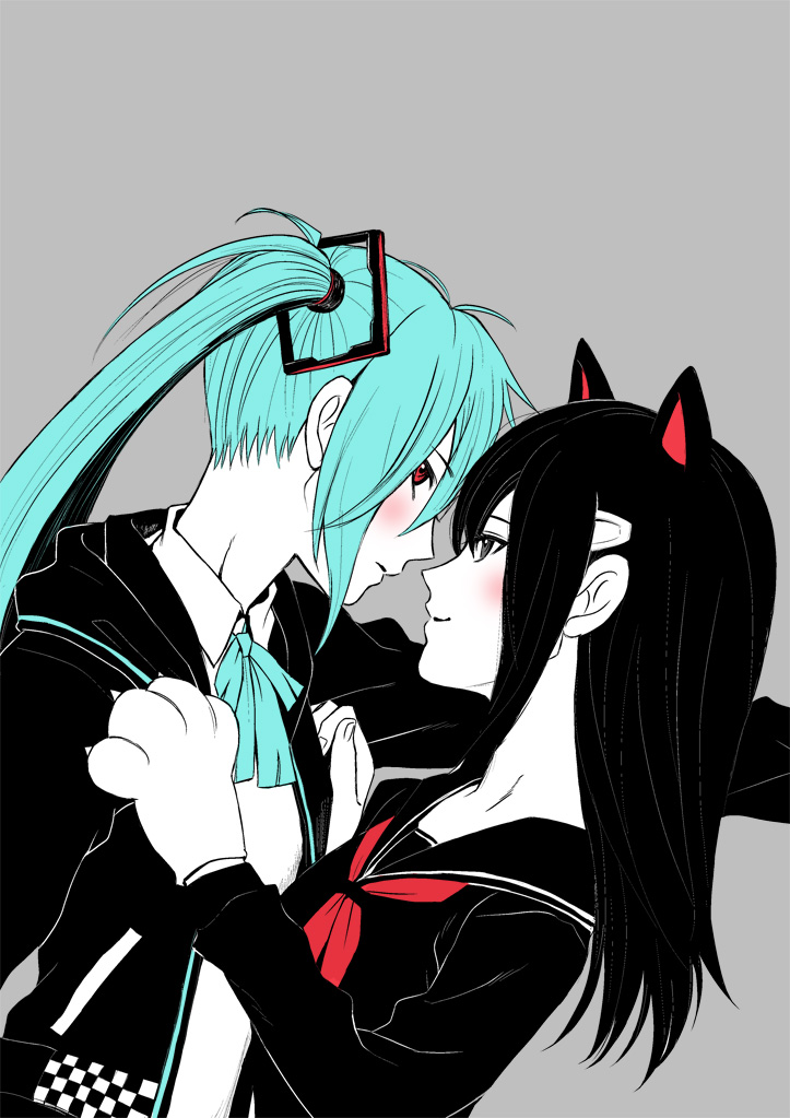 2girls, animal_ears, animal_hands, aqua_hair, ayahashi_(yaimu333), black_eyes, black_hair, bow, cat_ears, cat_girl, cat_paw, character_request, chat_noir_(module), envy_cat_walk_(vocaloid), face-to-face, female_focus, flat_color, grey_background, hair_ornament, hatsune_miku, hatsune_miku_(chat_noir), hatsune_miku_(silent_voice), long_hair, looking_at_another, looking_at_viewer, multiple_girls, project_diva_(series), project_diva_x, red_eyes, school_uniform, simple_background, smile, twintails, vocaloid, yuri